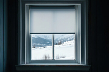 Fototapeta premium A cozy window view showcasing snow-covered mountains during winter from an indoor setting, capturing a serene landscape. Generative AI