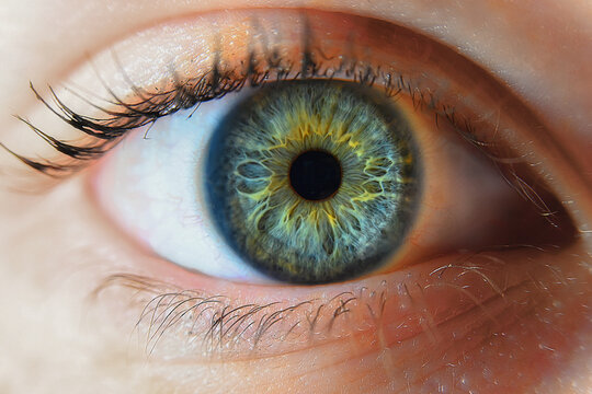 Macro close-up of a human eye with a green and yellow iris and visible eyelashes, highlighting the eye's natural patterns and textures in high detail... - Powered by Adobe