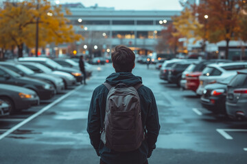 A man with a backpack standing in a parking lot