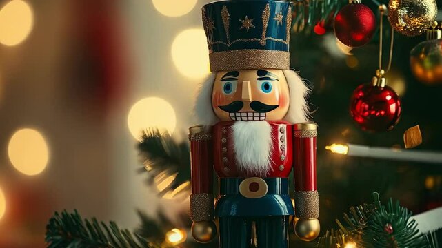 Nutcracker ornament hanging on Christmas tree with bokeh background. Traditional Christmas and New Year celebration. Vintage classic toy concept. Banner, invitation, greeting