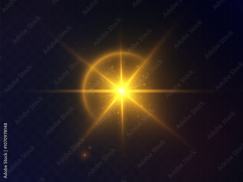 Poster Abstract yellow flash of light. Glowing golden effect with glare. Isolated on transparent background.