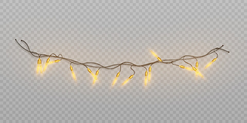 Christmas bright lights, realistic garlands isolated on transparent background. Line of golden Christmas glowing garlands with glitter.