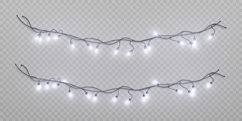 Garland of bright lights, realistic garlands isolated on transparent background. Line of golden Christmas glowing garlands on wire.