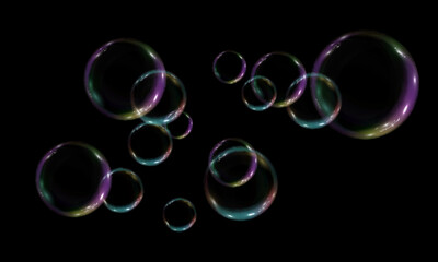 Vector realistic soap bubbles with rainbow reflection isolated on dark background. eps 10
