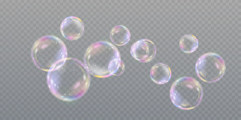 Vector realistic soap bubbles with rainbow reflection isolated on transparent background. eps 10