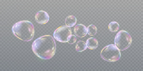Vector realistic soap bubbles with rainbow reflection isolated on transparent background. eps 10