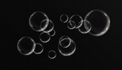 Vector realistic soap bubbles with rainbow reflection isolated on dark background. eps 10