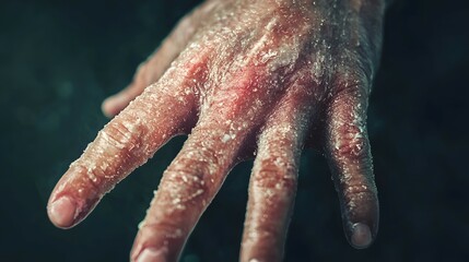 Close-up of hand with dry, flaky skin and redness, symptoms of psoriasis. World Psoriasis Day and supporting dermatological health campaigns
