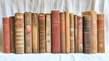 A row of 18 antique books with varying colors and designs on their spines.