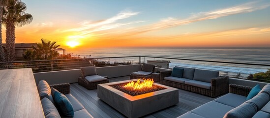 Fototapeta premium A modern patio with a fire pit overlooking the ocean during sunset.