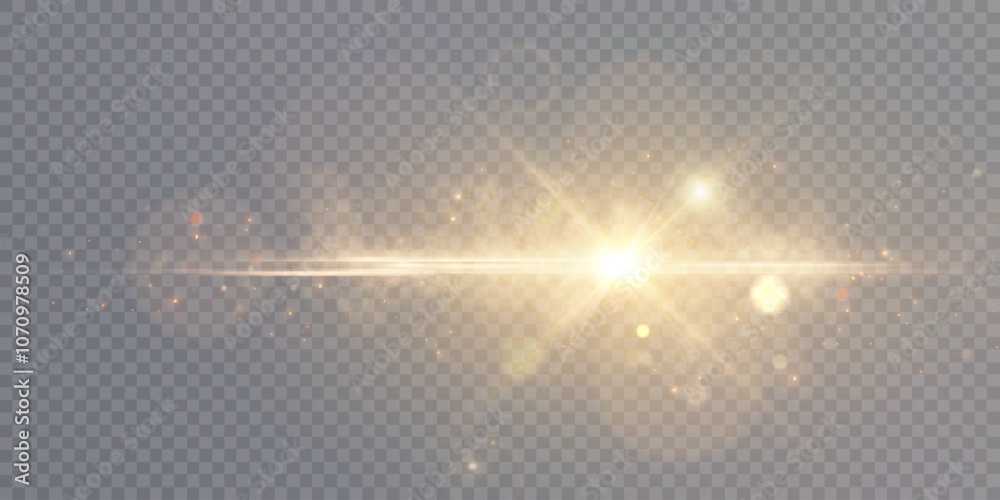 Poster Abstract yellow flash of light. Glowing golden effect with glare. Isolated on transparent background.