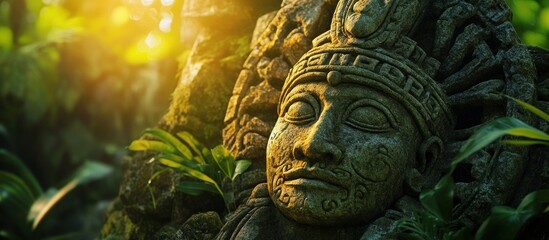 Ancient stone face sculpture in a lush jungle setting, bathed in warm sunlight.