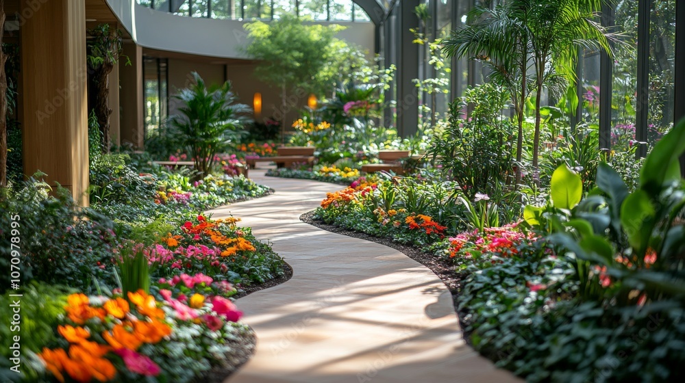 Poster a serene greenhouse features a charming winding path surrounded by lush greenery and vibrant flowers