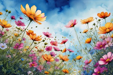 Artistic depiction of wildflowers under vivid blue sky. Delicate petals in colorful sway gently, contrasting with rich azure background, offering sense of freedo, natures beauty. For print, wallpaper.