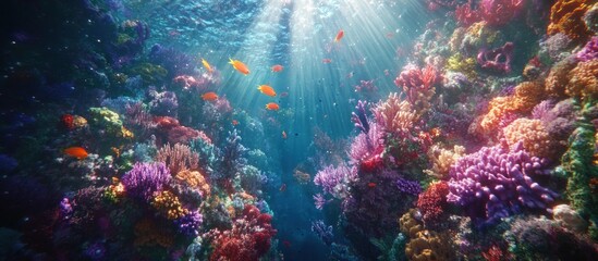 Fototapeta premium Vibrant underwater coral reef scene with colorful fish swimming through the water.
