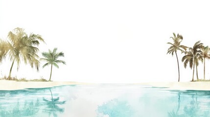 Obraz premium Tropical Beach with Tranquil Watercolor Palm Trees and Clear Blue Sky
