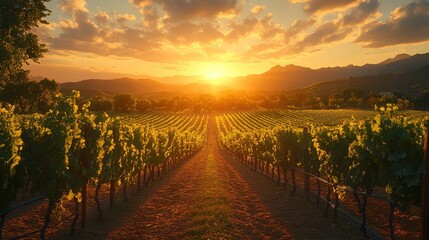 Naklejka premium Golden Sunset Over Vineyard Rows