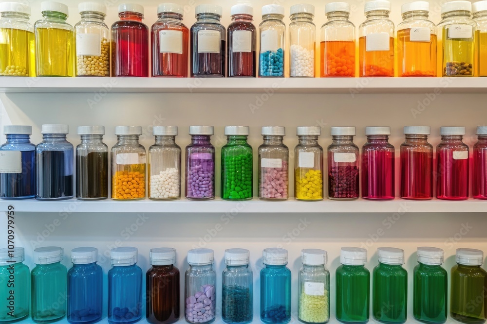 Poster a shelf filled with variously colored glass jars containing unknown contents