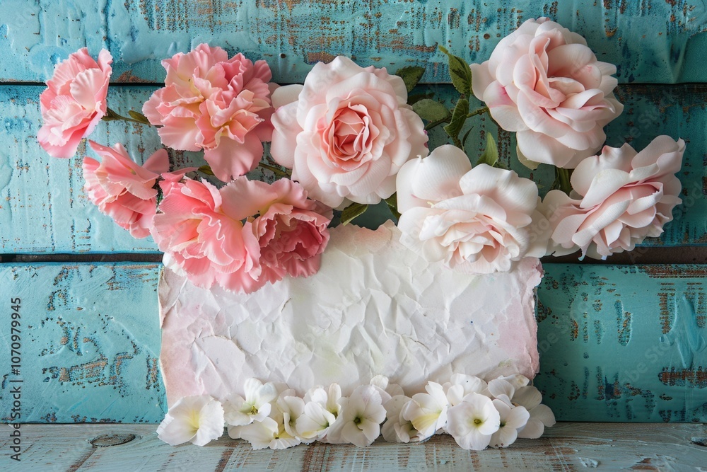 Poster fresh pink flowers arranged in a white vase, perfect for decorating tables or adding a touch of eleg