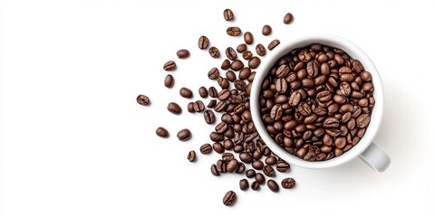 A white cup brimming with rich, dark coffee beans. Some beans spill onto the clean, white surface. The image showcases freshness and the essence of coffee culture. Perfect for coffee lovers. AI