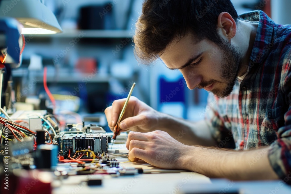 Poster Close-up of a person's hands working on a circuit board with various electronic components