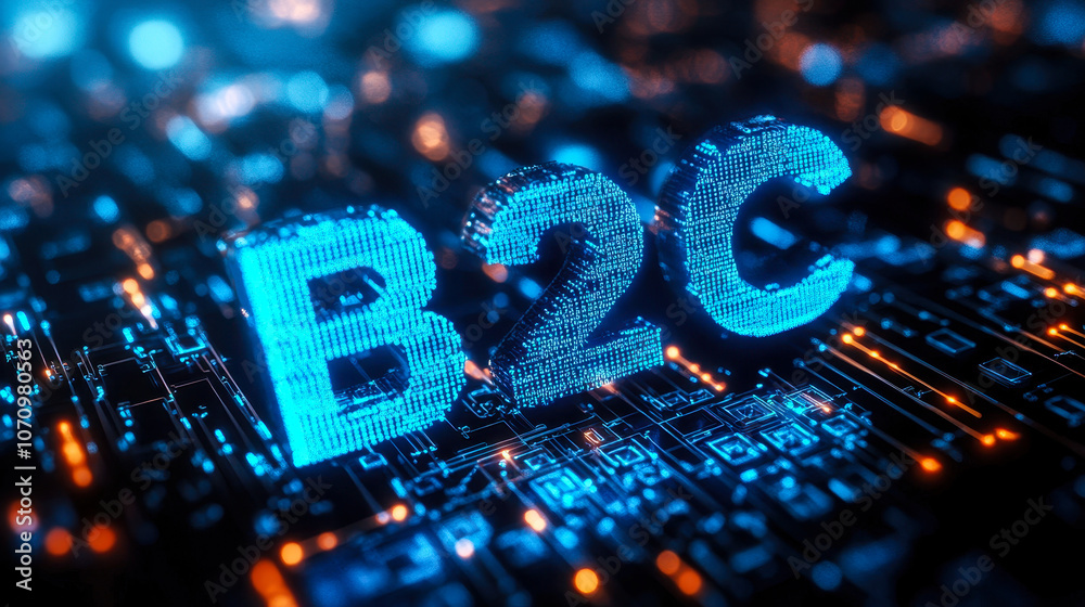Poster digital matrix binary code representing b2c business to consumer concept
