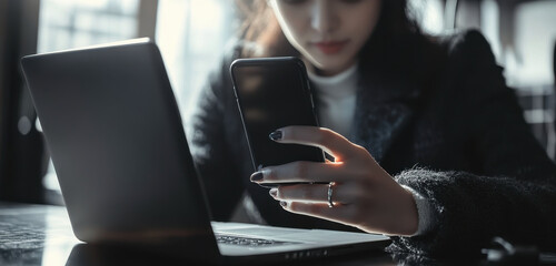 Businesswoman using smartphone and laptop for online work in modern office environment