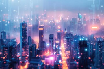 Fototapeta premium A nighttime view of a city skyline from a high-rise building, great for urban-themed projects
