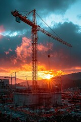 Construction Crane Silhouetted Against a Dramatic Sunset Sky