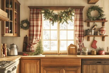 rustic farmhouse kitchen decorated for Christmas with plaid curtains, hanging greenery, and wooden accents, minimal background with copy space illustration