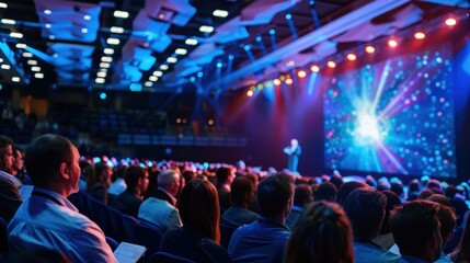 Keynote Speaker at Business Conference with Vibrant Lighting and Engaged Audience