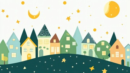 Whimsical Nighttime Village with Stars and Crescent Moon in Pastel Colors