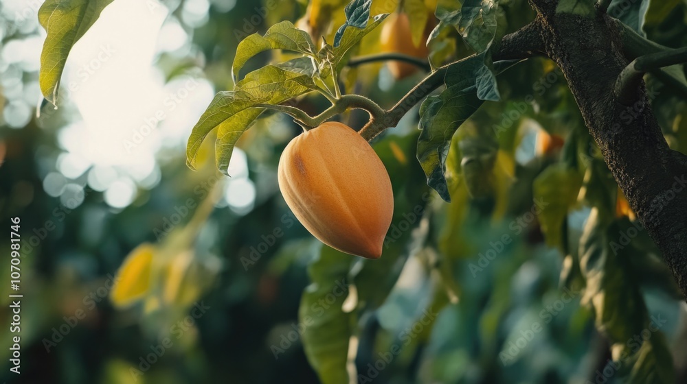 Poster A single orange fruit hangs from a tree branch in a natural setting