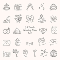 Wedding doodle icon set - heart, rings, glasses, car, church, bow, star, sparkle, dress, cake, geotag, envelope. Hand drawn vector marriage symbol for decoration invitation, card on white background.