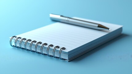 Naklejka premium 3D mockup a notepad with a pen on a light blue solid background, suitable for office branding