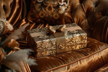Luxurious Gold Foil Gift Box on Plush Velvet Cushion for Premium Brand Presentation