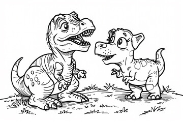 Fototapeta premium Two cartoon dinosaurs, a T-Rex and a smaller dinosaur, share a playful moment amidst grass, radiating joy and friendship.