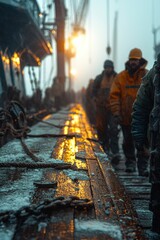 Obraz premium A Snowy, Golden Deck on a Ship with Blurred Workers in the Background
