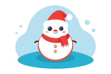 Adorable Snowman in Santa Hat Happy New Year & Merry Christmas Cartoon Vector for Kids