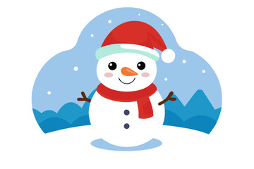 Adorable Snowman in Santa Hat Happy New Year & Merry Christmas Cartoon Vector for Kids