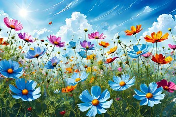 Artistic depiction of wildflowers under vivid blue sky. Delicate petals in colorful sway gently, contrasting with rich azure background, offering sense of freedo, natures beauty. For print, wallpaper.