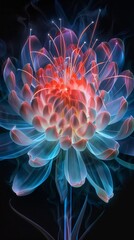 Obraz premium A stunning digital flower with luminous petals and vibrant colors. The art features a blend of red and blue tones. Perfect for nature themes, illustrations, or decor. AI