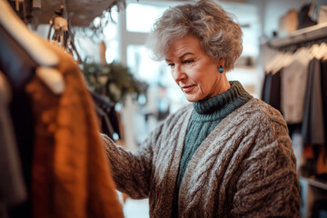 Obraz premium A female middle-aged consultant standing near a row of clothes, helping a customer in a modern, well-organized clothing store.