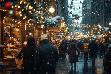 Obraz premium People enjoying a snowy Christmas market filled with festive lights and decorations