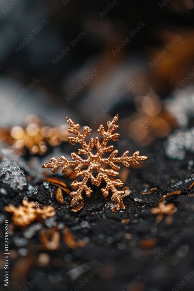 Poster a detailed image of a single snowflake sitting on a rock