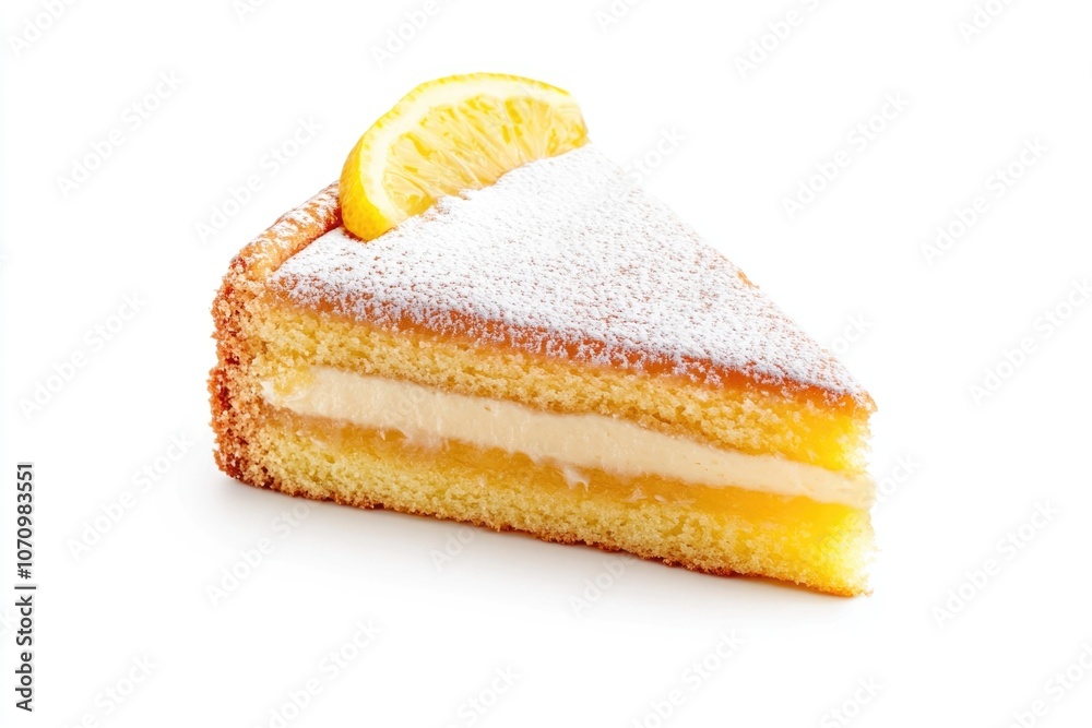 Poster a simple dessert featuring a slice of lemon on top of a piece of cake, perfect for a snack or desser