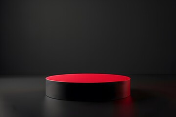 Black round podium with red illuminated top on a dark background. 3D rendering for bold product display and luxury design