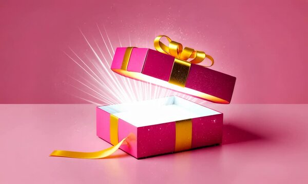 Opened magic gift box with golden ribbons glows with bright, radiant light beams from inside. Surprise idea, container for focus, secret gift, Black Friday Sale, Christmas or Birthday present