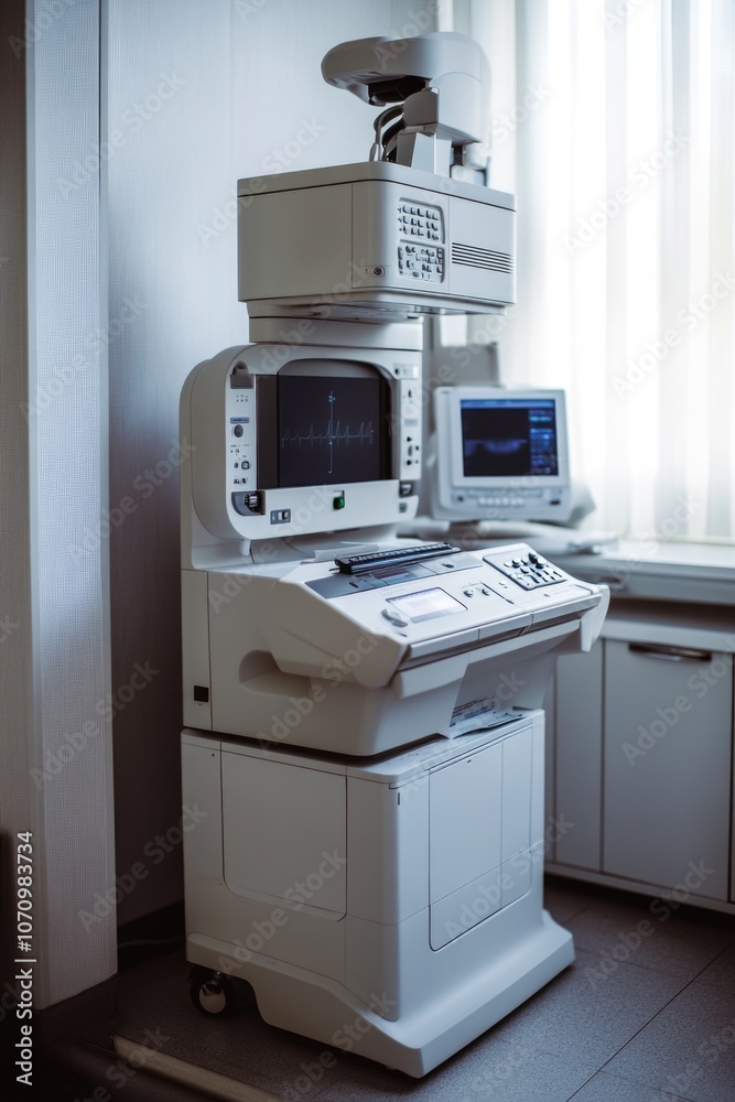 Poster a white printer sitting on a desk next to a window, ideal for use in office or workspace scenes