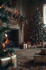 A cozy living room with a decorated Christmas tree and presents, perfect for holiday celebrations